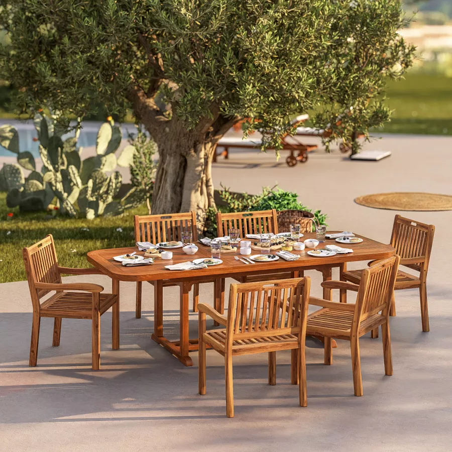 Set Da Giardino 6 Posti In Legno Di Acacia - Tavolo Ribaltabile Con Sedie Pieghevoli E Foro Ombrellone