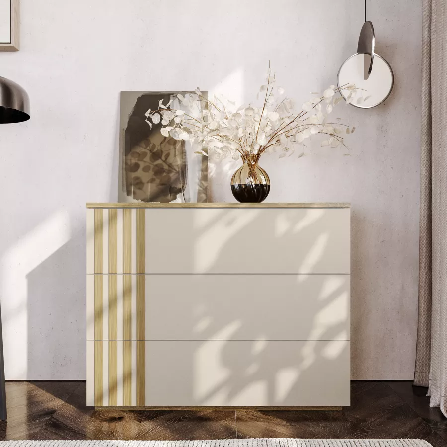 Cassettiera 137x81h cm cashmere opaco e rovere gessato con 8 cassetti