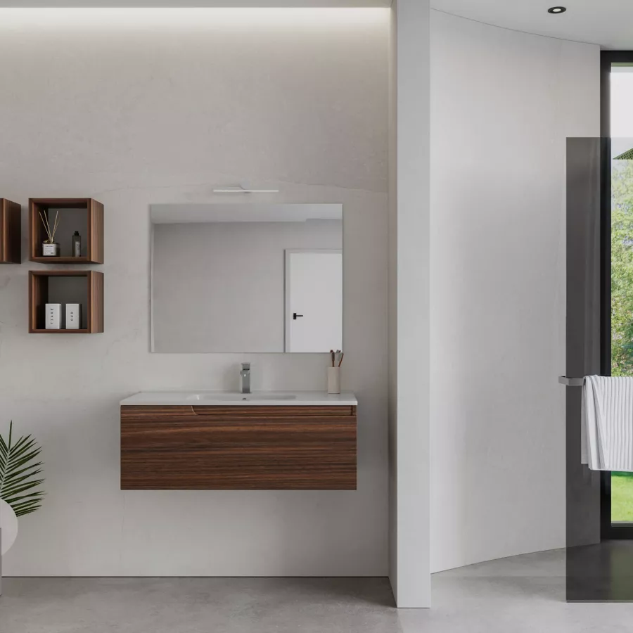 Mobile Bagno Sospeso Cm Rovere Deciso Con Lavabo E Specchio Agave