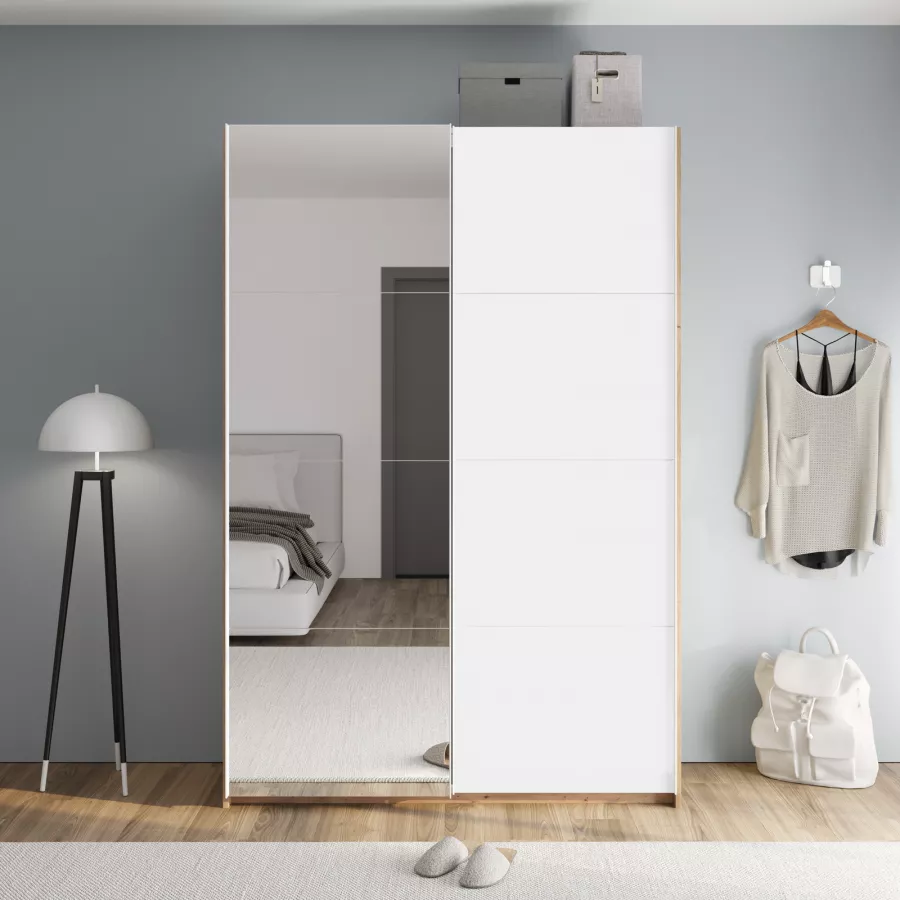 ABIKSMEBLE Armadio Scorrevole Verona 2 150 Cm - Bianco Opaco Con Specchio E Ripiani - 150x240x62 Cm - 4
