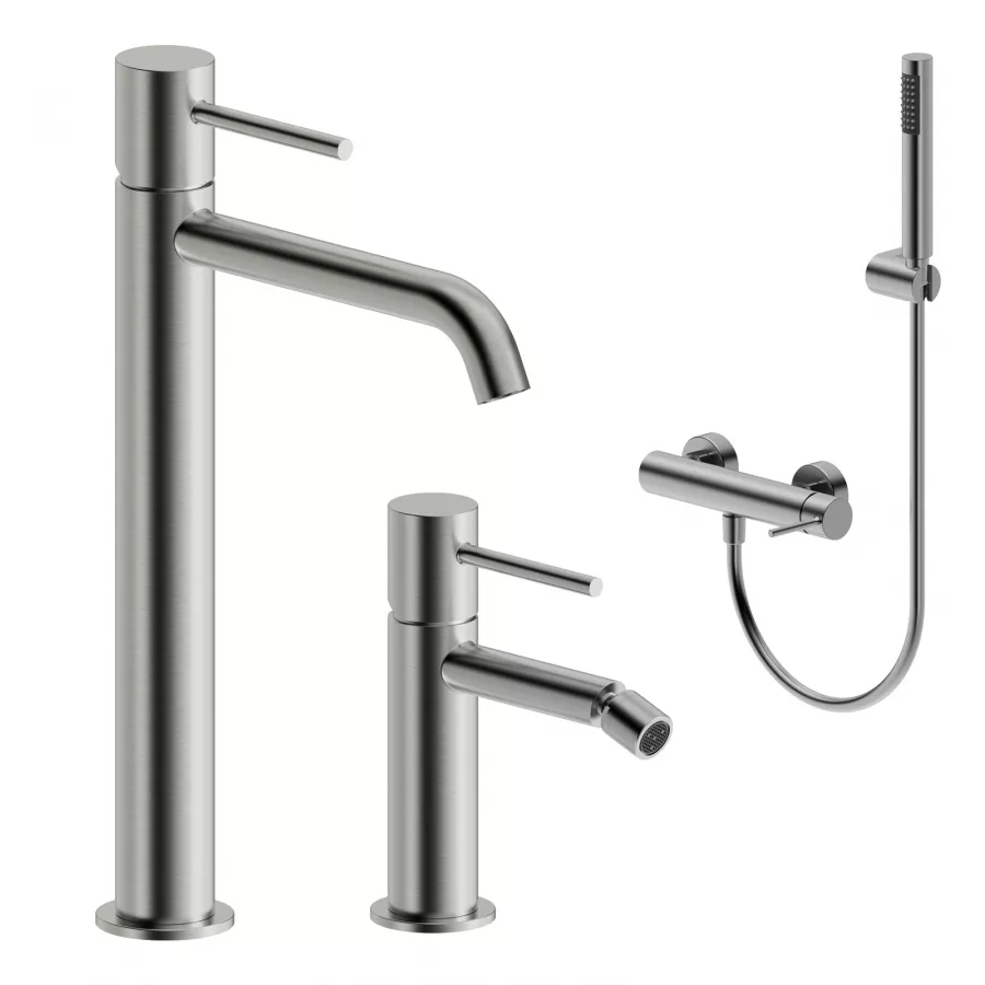 Set Miscelatore Lavabo Alto E Bidet Con Esterno Doccia Spazzolato Oasis