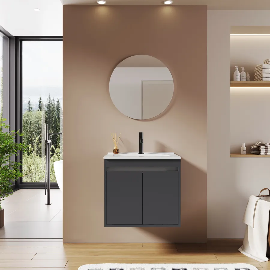 Set Mobili Bagno Kleankin 4 Pezzi - Lavabo 60cm, Mobiletto, Colonna E Specchiera | Design Sospeso In Legno Grigio - Foto 5