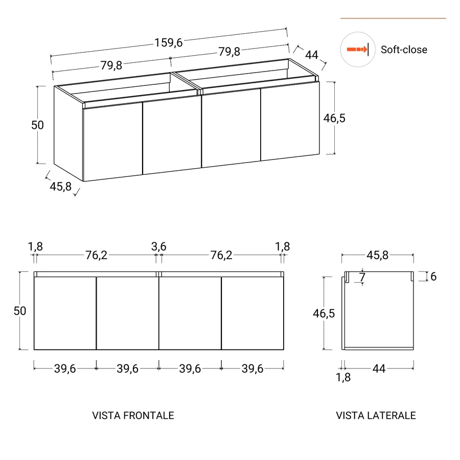 Mobile bagno sospeso 160 cm rovere deciso opaco con ante e lavabo