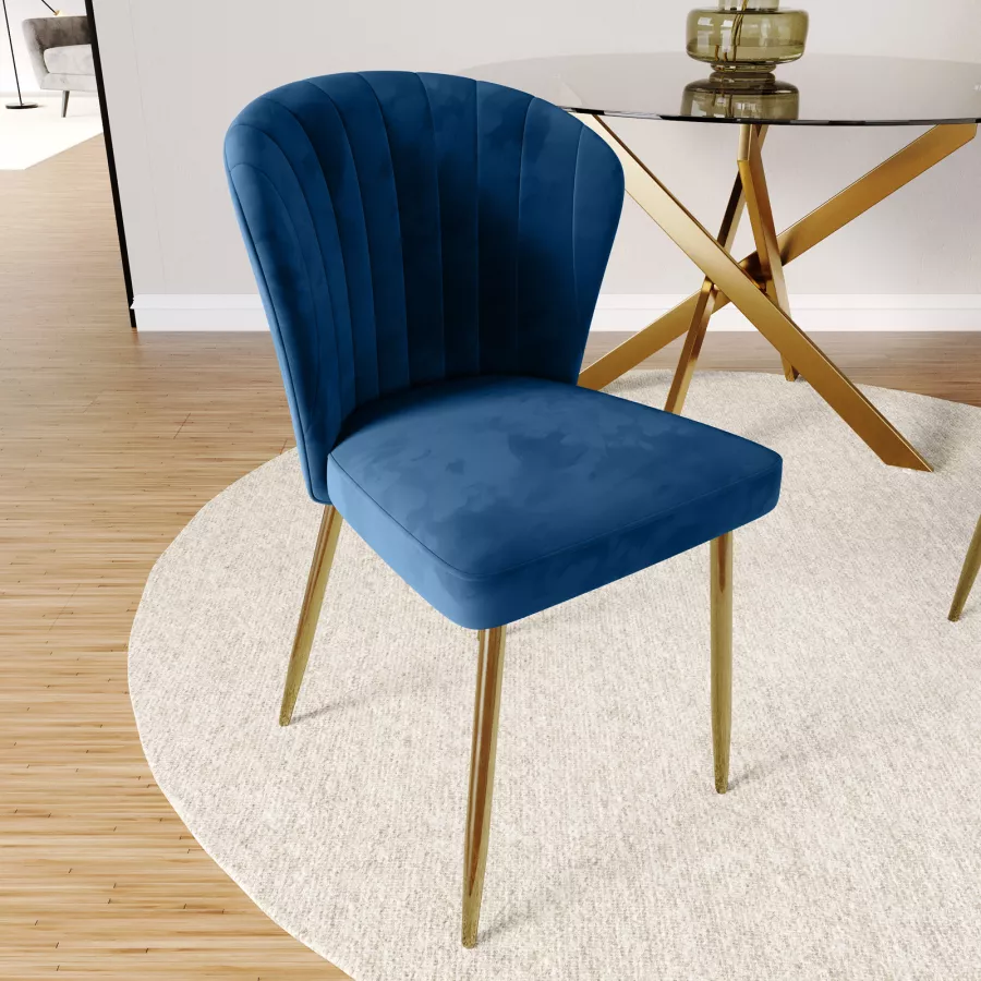 Set sedie in velluto blu scuro con schienale a conchiglia e
