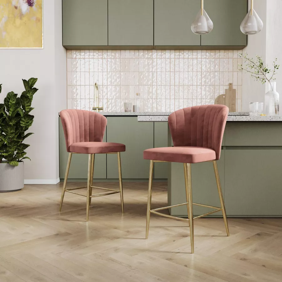 Set 2 sgabelli in velluto rosa antico con gambe oro - Melt
