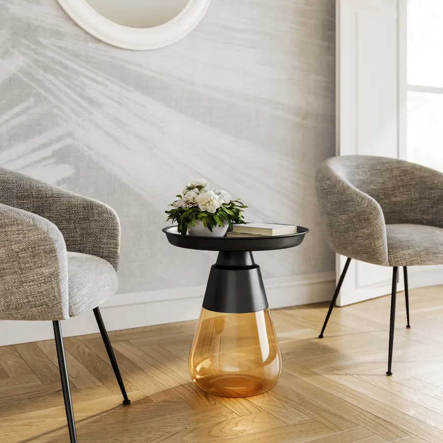 Tavolino rotondo 50 cm top in acciaio nero e base in vetro ambra