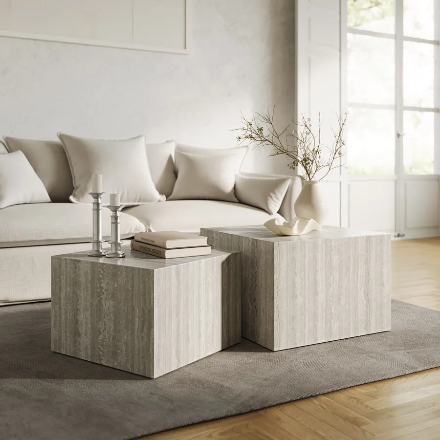 Set 2 tavolini 58x40 cm e 50x35 cm effetto travertino - Hunt