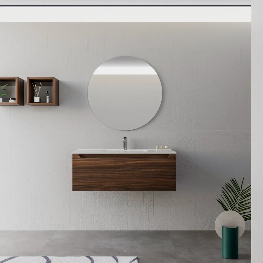 Mobile Bagno Con Lavabo 40 Cm Preassemblato Rovere Con Specchio, Piccolo Mobiletto Sospeso