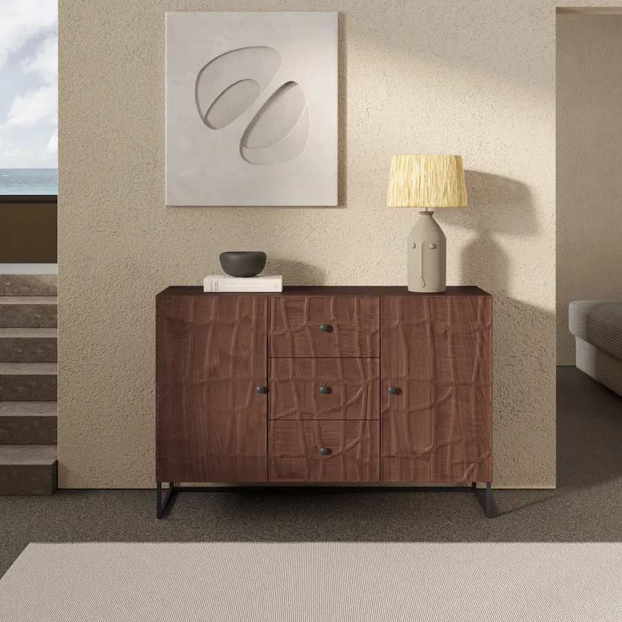 Madia 120x80h cm in legno di mango noce e metallo nero con ante e