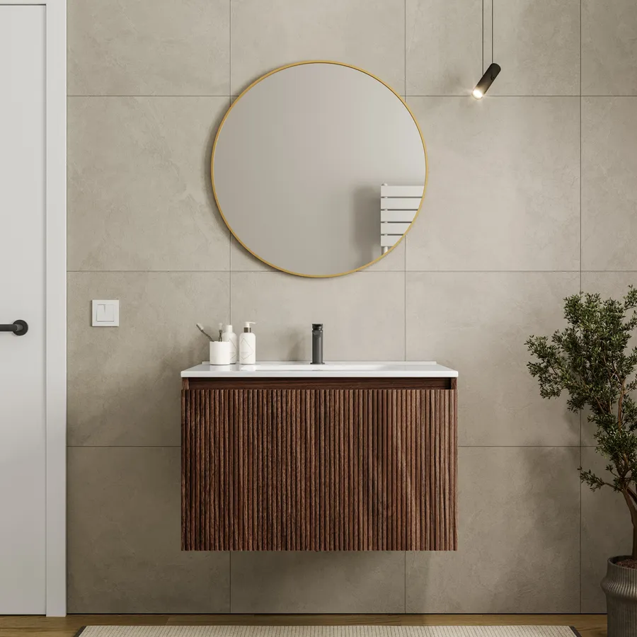 Mobile Bagno Sospeso 110 Cm Master Rovere Miele Con Lavabo E Specchio - Foto 14