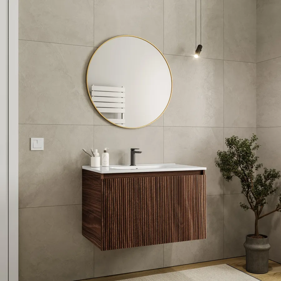 Mobile Bagno Sospeso Bagno Italia 80 Cm - Rovere Nordik Con Lavandino E Specchio - Foto 3