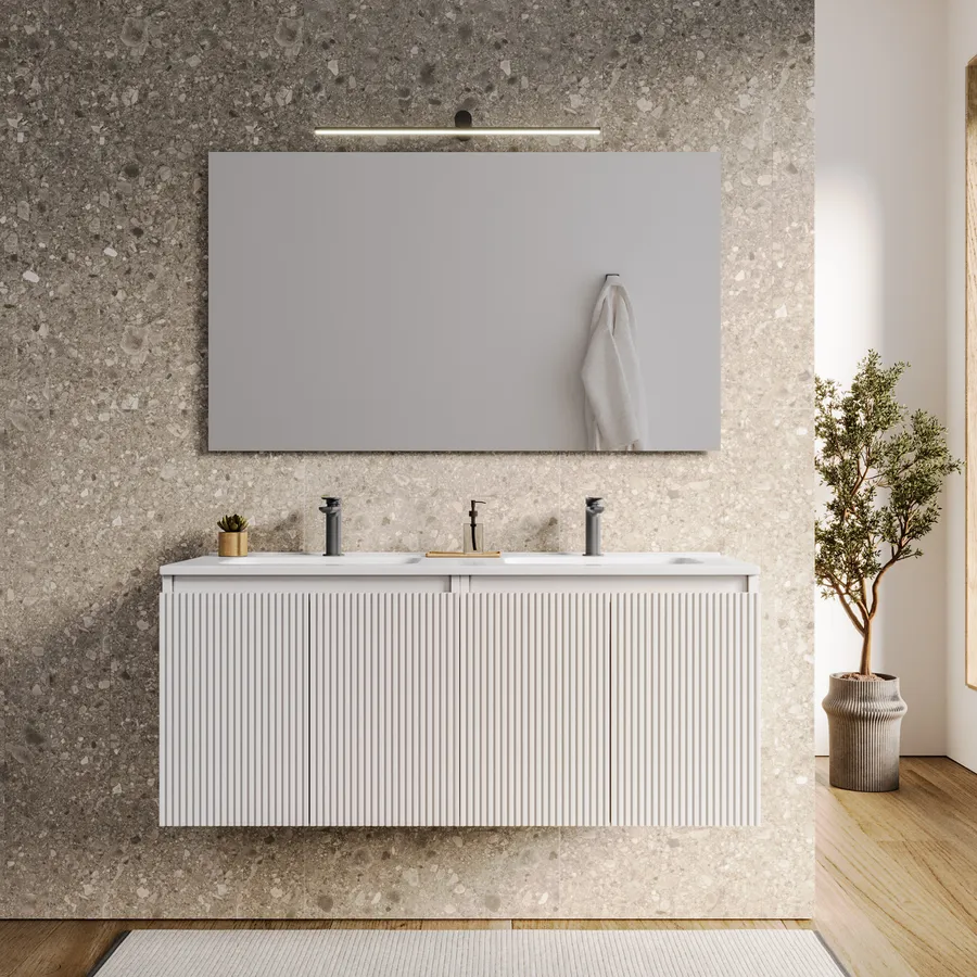 Mobile bagno sospeso 120 cm bianco opaco cannettato con lavabo e