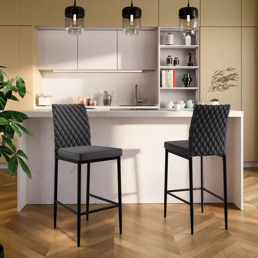 ALPHA HOME Set Di 2 Sgabelli Da Bar Moderni In Ecopelle Nera, Con Schienale Alto E Bottoni, Gambe In Metallo, Altezza 66 Cm