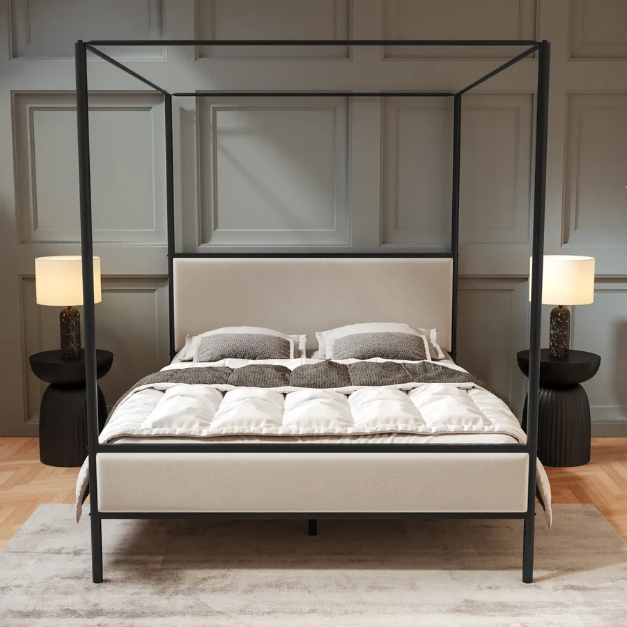 Letto Matrimoniale A Baldacchino In Metallo - Struttura Moderna Con Testiera E Pediera | Colore Nero - Foto 4