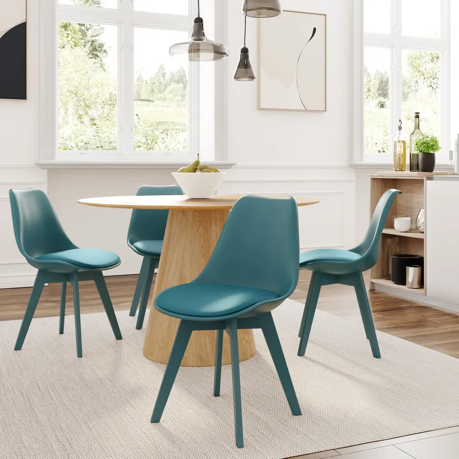 Set Di 4 Sedie Da Pranzo Moderne In Blu, Con Cuscino Imbottito In Lino E Gambe In Legno Di Faggio, Poltrone Da Cucina Eleganti E Facili Da Pulire - 5