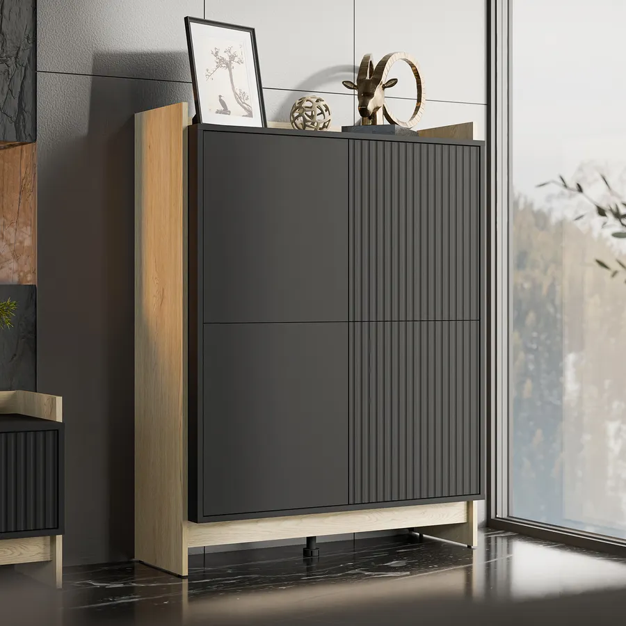 Mobile TV ESTER Design Industriale - 2 Ante In Metallo Nero, Vassoio Legno 113 Cm, Per Soggiorno Moderno