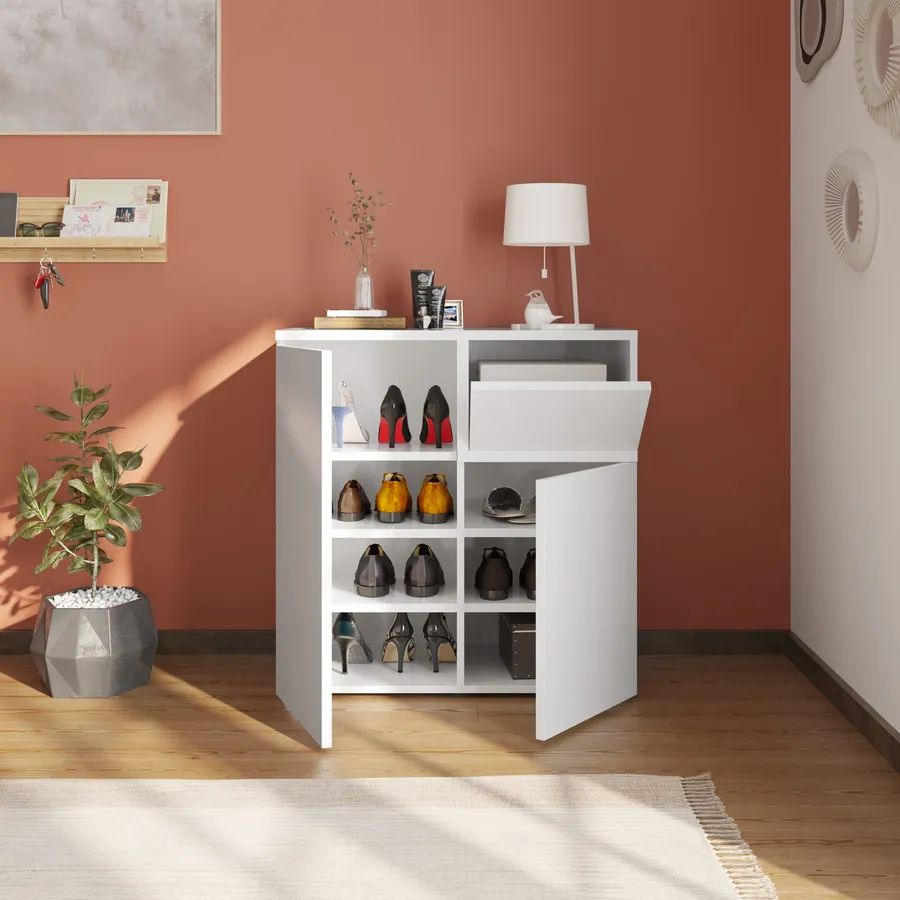 Scarpiera Moderna 80x24x118 Cm - Con Cassetti E Ante, Gambe In Metallo Dorato - Per Ingresso E Camera