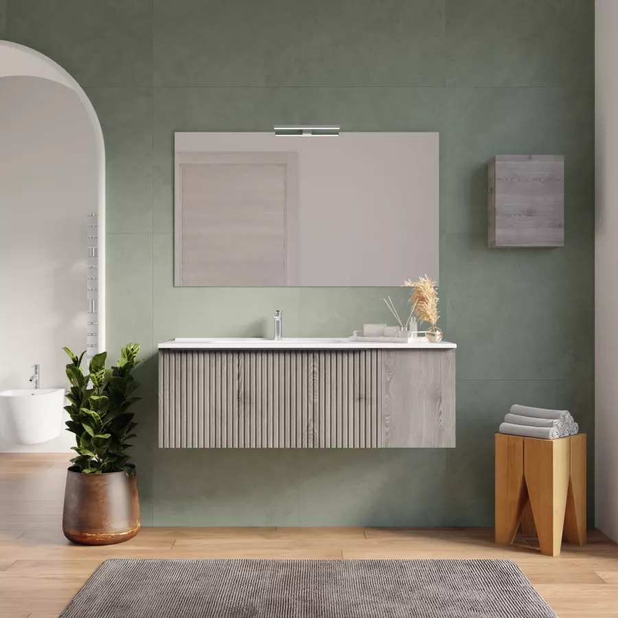 Mobile Bagno Sospeso Cm Rovere Iron Effetto Cannettato Con Anta E