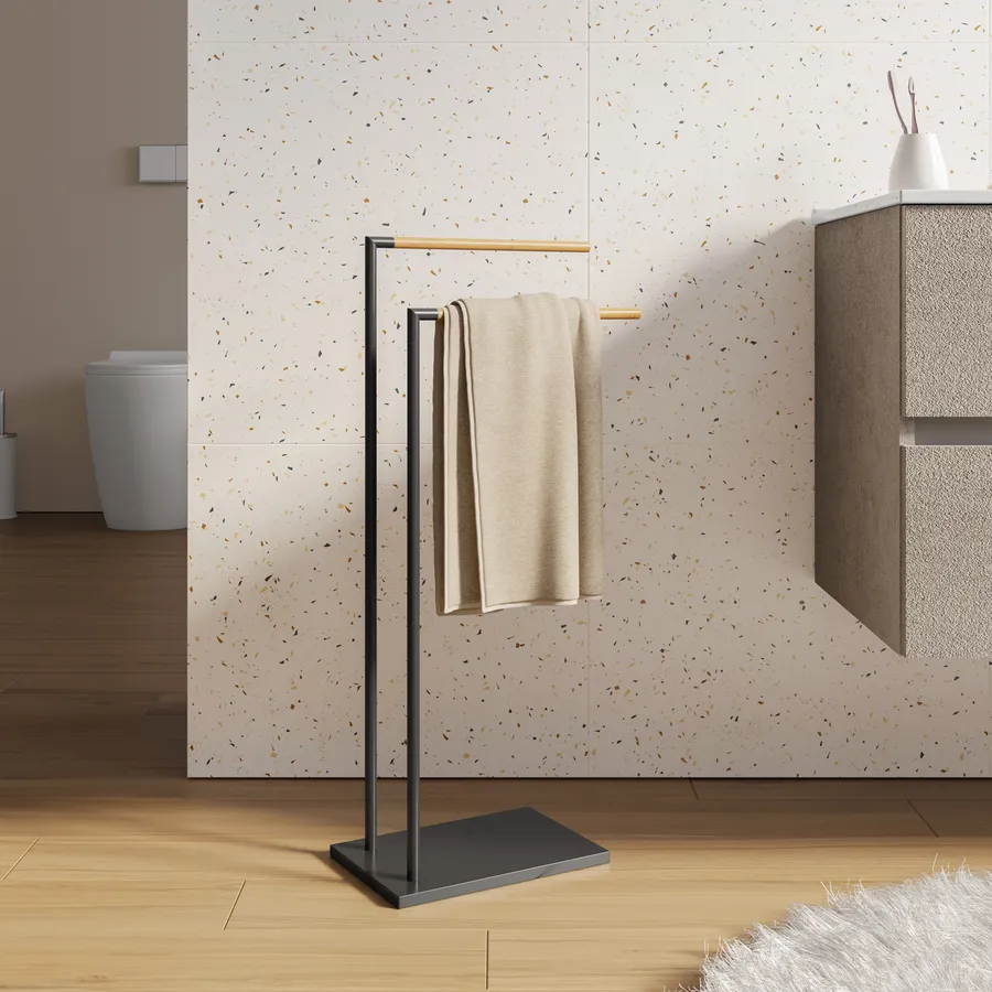 Porta Asciugamani Da Terra Relaxdays A 2 Bracci - Nero, Effetto Legno, H 88 Cm, Senza Trapano, Per Bagno E Cucina