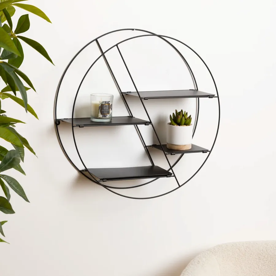 Mensola Sospesa Rotonda In Ferro Battuto - 3 Scomparti, Colore Nero - Ripiano Da Parete Multiplo Per Decorazione E Ordine - 29x29x9,5 Cm
