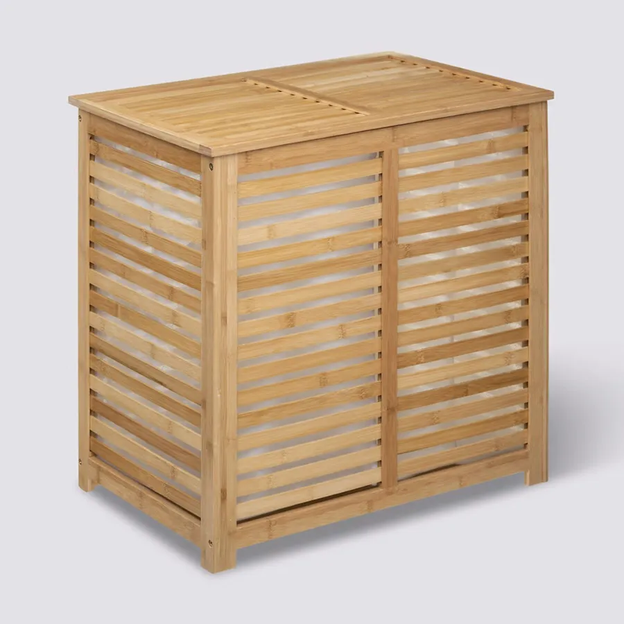 Cesto Portabiancheria Con Ruote In Bambù Naturale 85L | 2 Scomparti Con Coperchio E Fodera Rimovibile - copertina