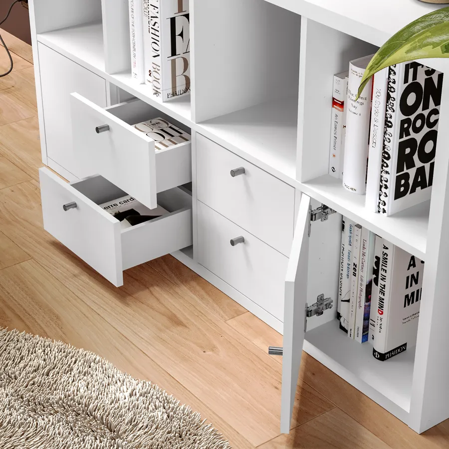 Mobile Colonna Multiuso Con Ante E Cassetto - Design Moderno Bianco Per Soggiorno O Camera - Foto 5