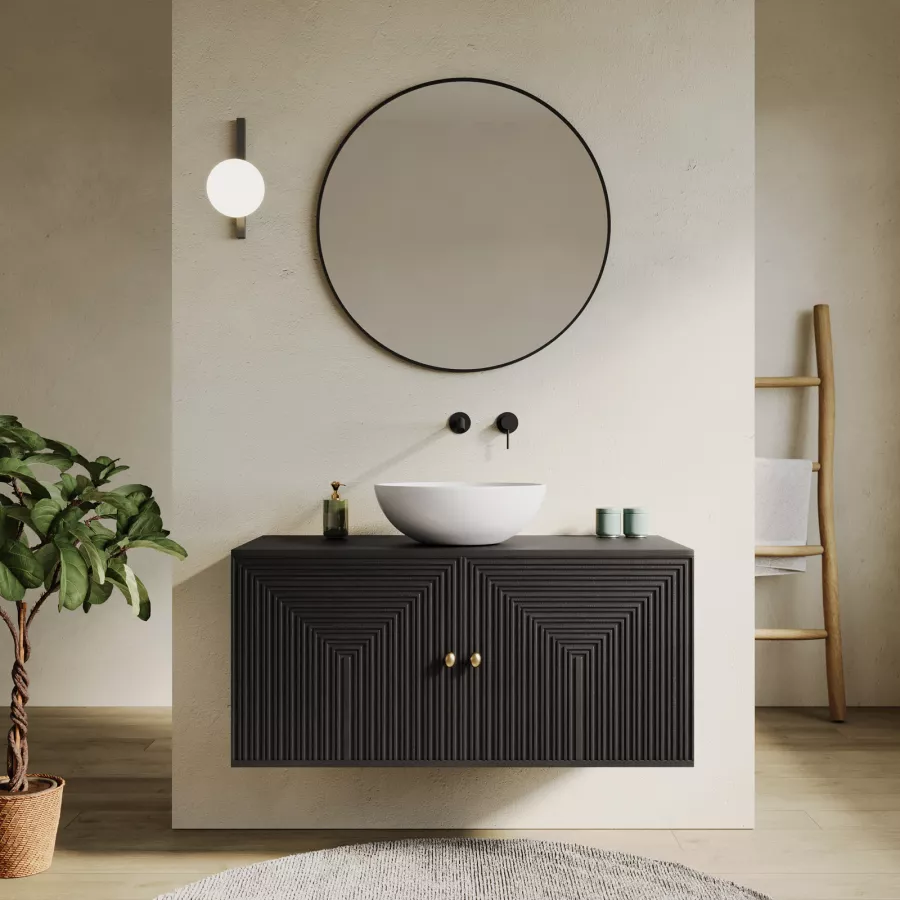 Mobile Bagno Portalavabo Cm Con Ante In Legno Di Mango Effetto Cannettato Nero Dunkel