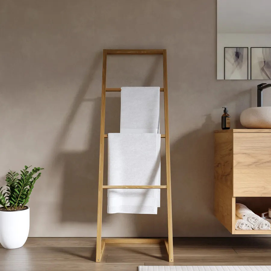 Relaxdays Porta Asciugamani Da Terra, 2 Bracci In Bambù, Struttura Nera, H85,5 Cm