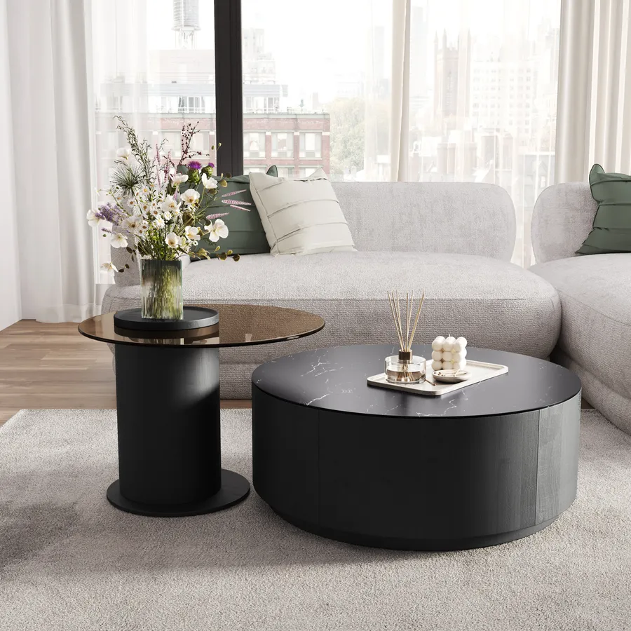 Set 2 Tavolini Da Caffè Rotondi Con Cassetto - Effetto Marmo Bianco E Nero, Per Soggiorno Moderno - Foto 10