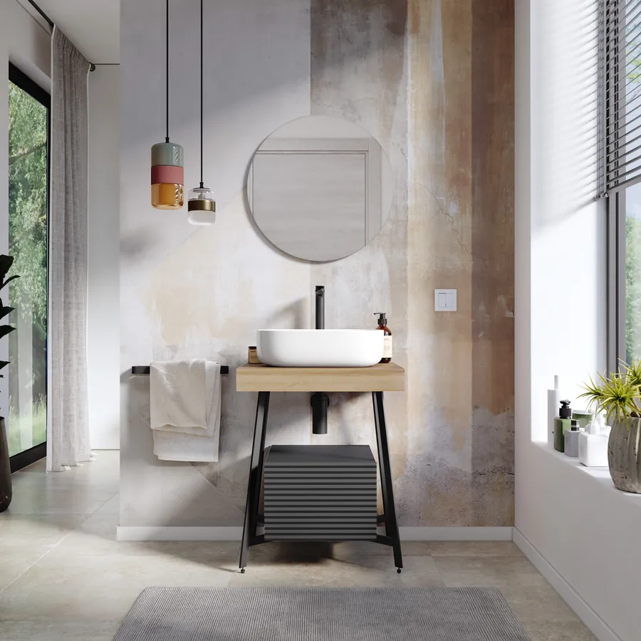 Mobile Bagno OXYGEN 90 Cm 1 Cassetto Legno Naturale Rovere Nodi E Lavabo Unitop Hide In Marmoresina Nero Effetto Pietra