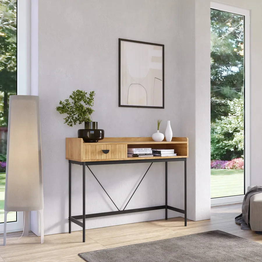Consolle 110x85h cm con 1 cassetto soft close rovere chiaro e gambe in ...