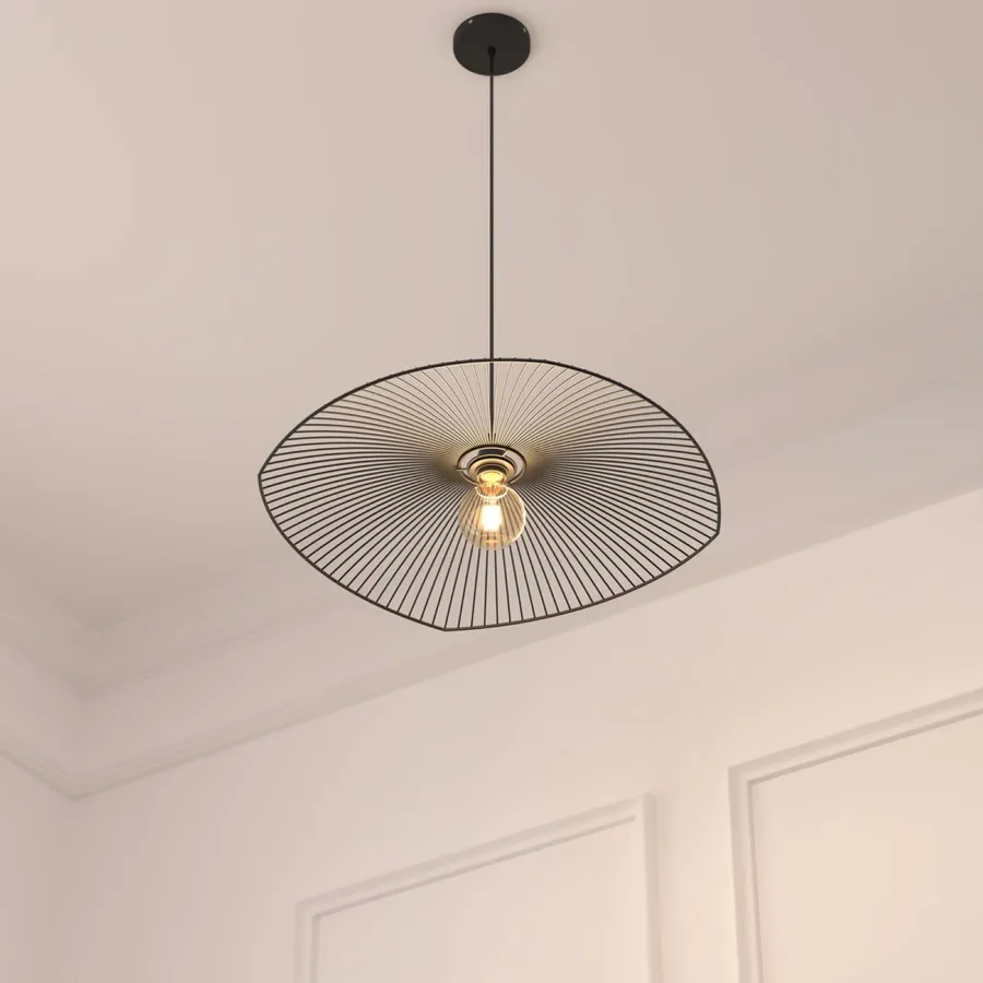 Lampada sospesa rotonda 60 cm in metallo nero con 5 paralume bianco