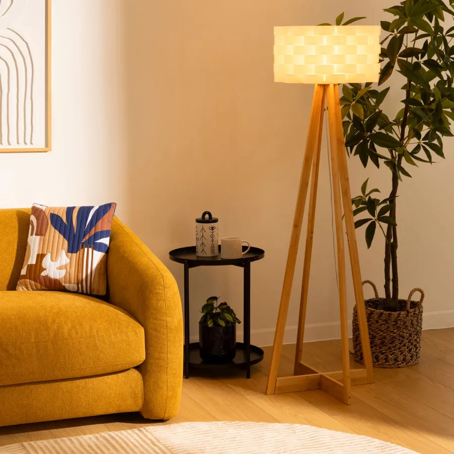 Paralume Quadrato In Bambù E Tessuto Con Motivo Uccellino – 30x30x20 Cm – Per Lampada Da Tavolo, Terra O Soffitto