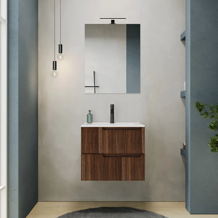 Mobile Bagno Sospeso Cm Rovere Deciso Cannettato Con Lavabo E