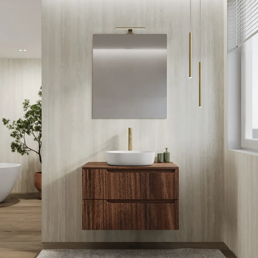 Mobile Bagno Sospeso Cm Rovere Deciso Cannettato Con Top E Specchio