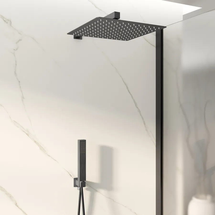 Soffione Doccia Quadrato GGStudy 40,6 Cm - Pioggia Con Braccio In Acciaio Inox Nero Opaco