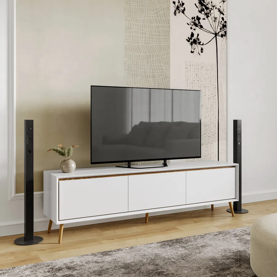 Mobile TV 170x38x50 Cm Con 4 Cassetti, Soggiorno, Anta Ad Arco In Vetro Bianco 85568666