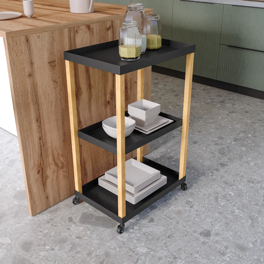 Carrello Da Bar In Metallo Nero Con Ruote - 3 Ripiani, Maniglia Rialzata, Perfetto Per Cucina E Soggiorno