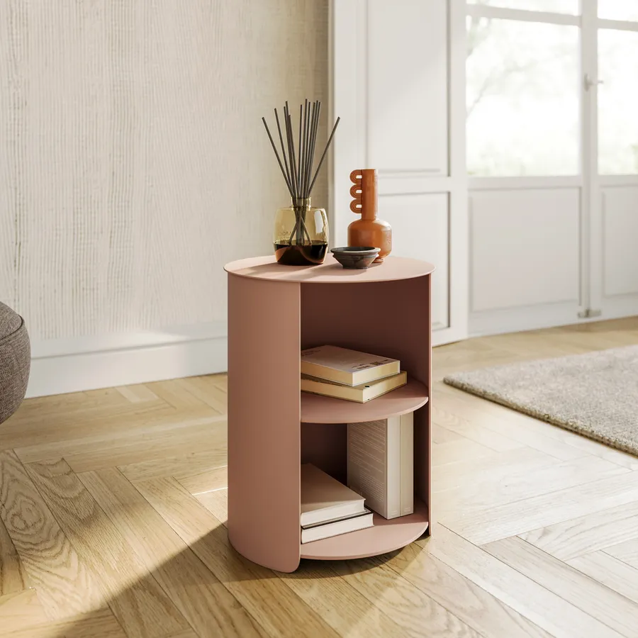 Tavolino Rotondo Vintage In Metallo Rosa Chiaro – Diametro 40 Cm, Altezza 46 Cm, Per Soggiorno, Camera Da Letto E Patio