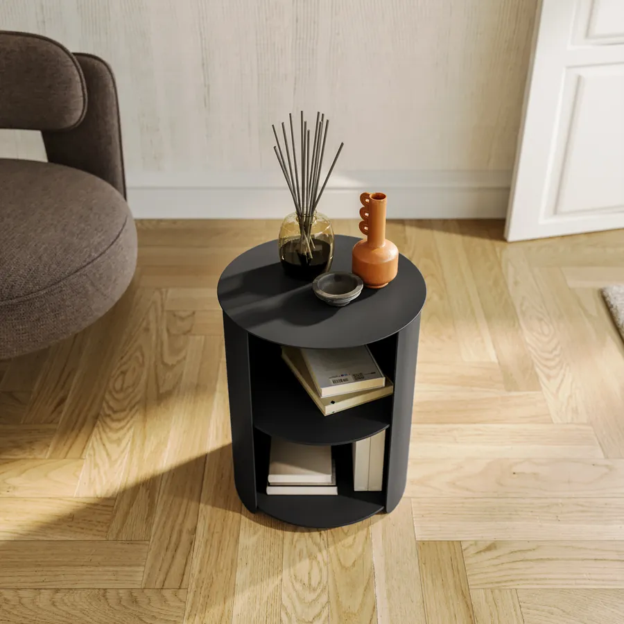 Tavolino Rotondo A 2 Livelli Con Cestino Portaoggetti, 38x55 Cm, Telaio In Metallo Nero E Piano In Legno, Per Interni Ed Esterni, Facile Da Montare