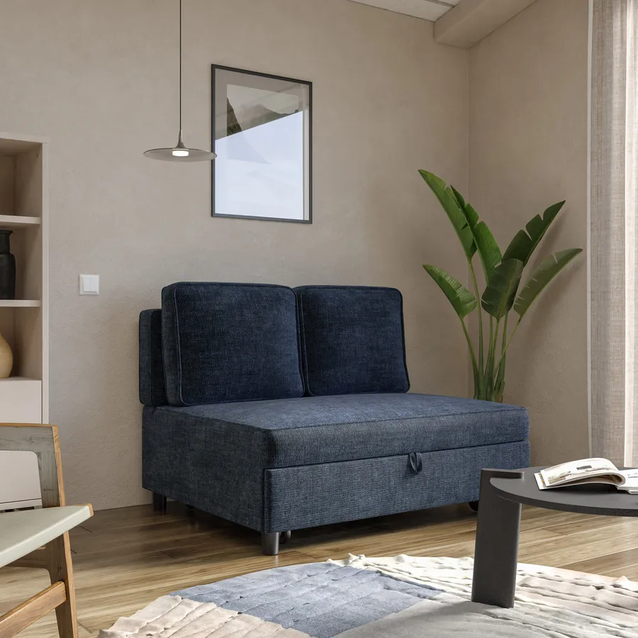 Divano letto posti in ciniglia blu scuro con sistema estraibile
