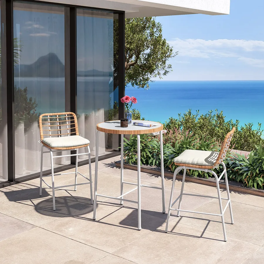 Tavolo alto da esterno rotondo 70 cm in acciaio bianco polyrattan