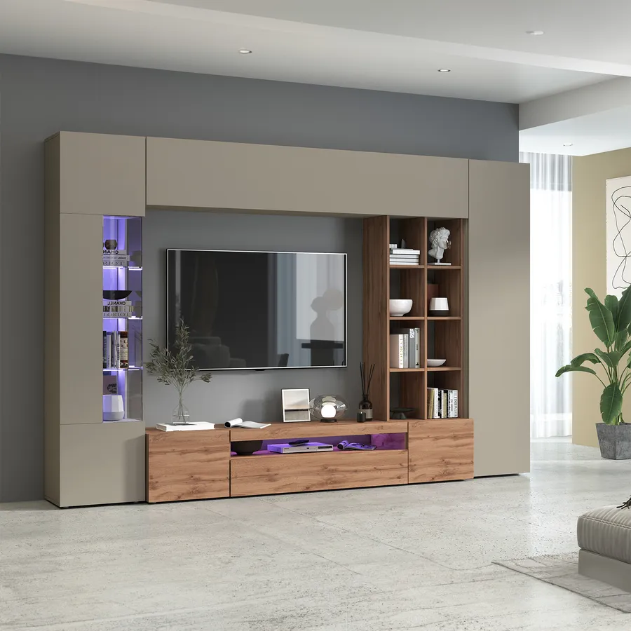 Parete attrezzata 290x191h cm con vetrina ad angolo e libreria