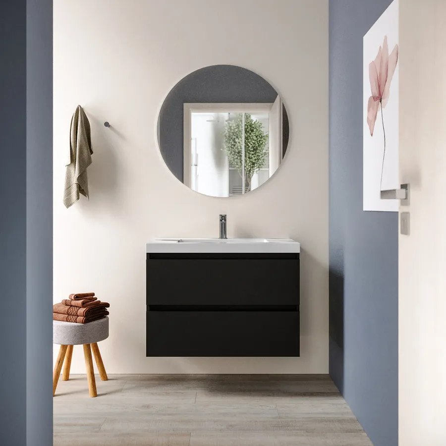 Set Bagno Completo New Luton – 80 Cm Con Lavabo Ceramica, Specchio LED E Armadi – Finitura Antracite Satinato E Rovere - copertina