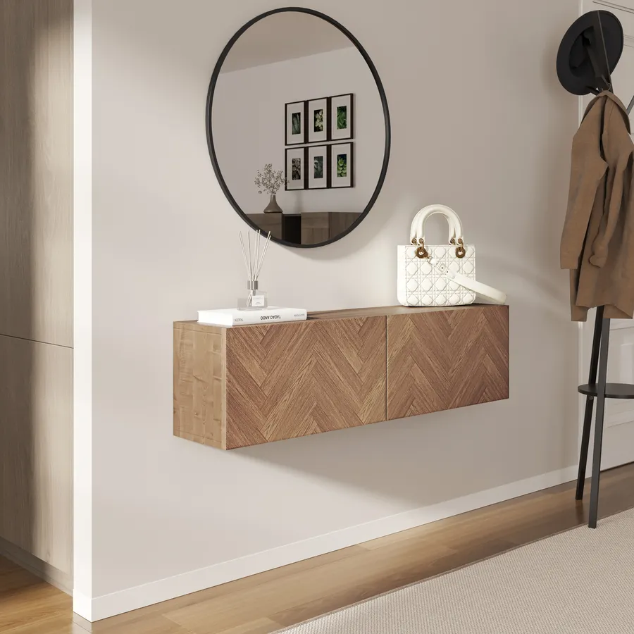 Consolle sospesa 120x25 cm rovere effetto parquet con 2 ante e specchio ...