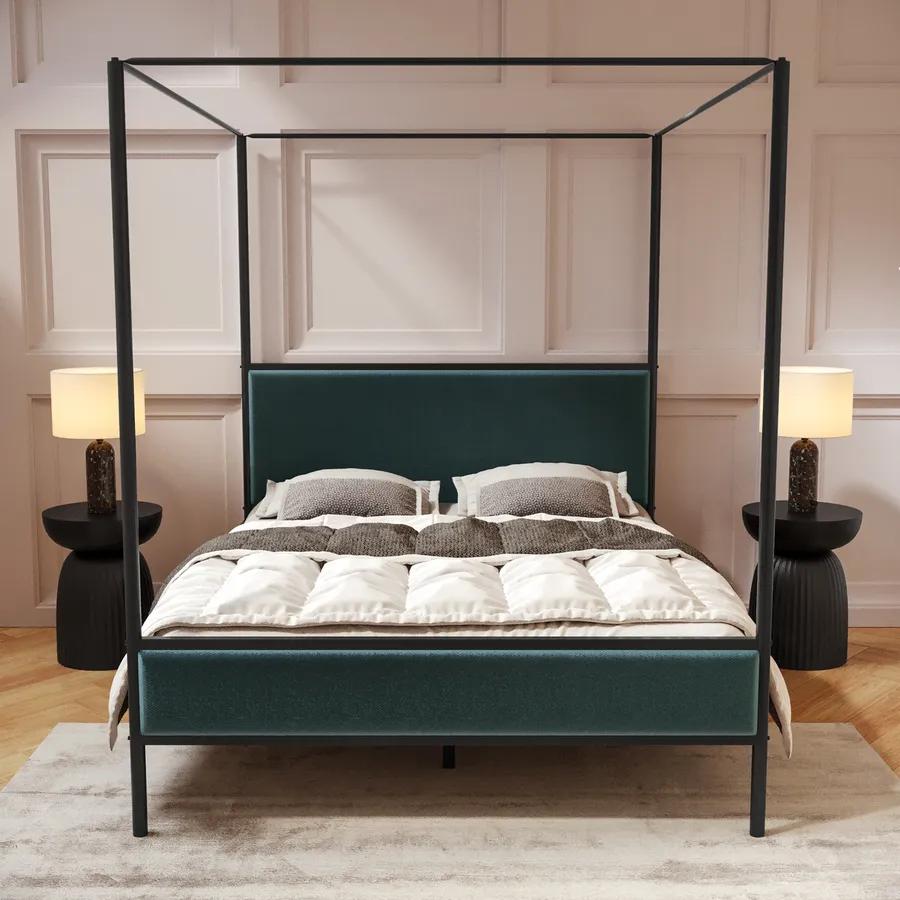 Letto A Baldacchino Matrimoniale 160x200 Cm | Struttura In Metallo Nero | Stile Classico Ed Elegante - Foto 7