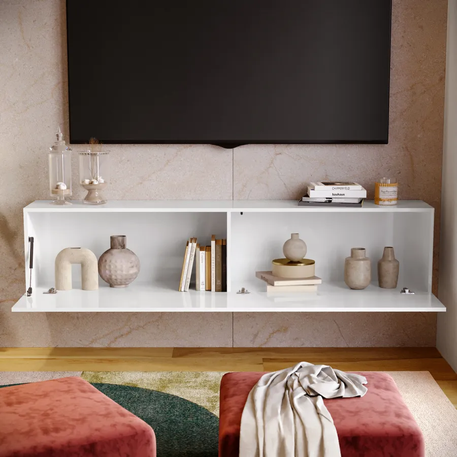 Mobile TV Moderno Planetmöbel - 2 Elementi Da 140cm, Nero/Bianco, Con Ante E Piedini - Foto 6