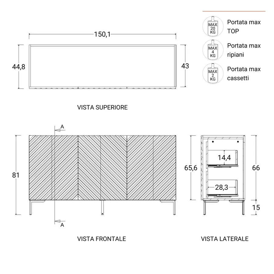 Madia 150x81h cm top effetto rovere e verde cannettato obliquo con