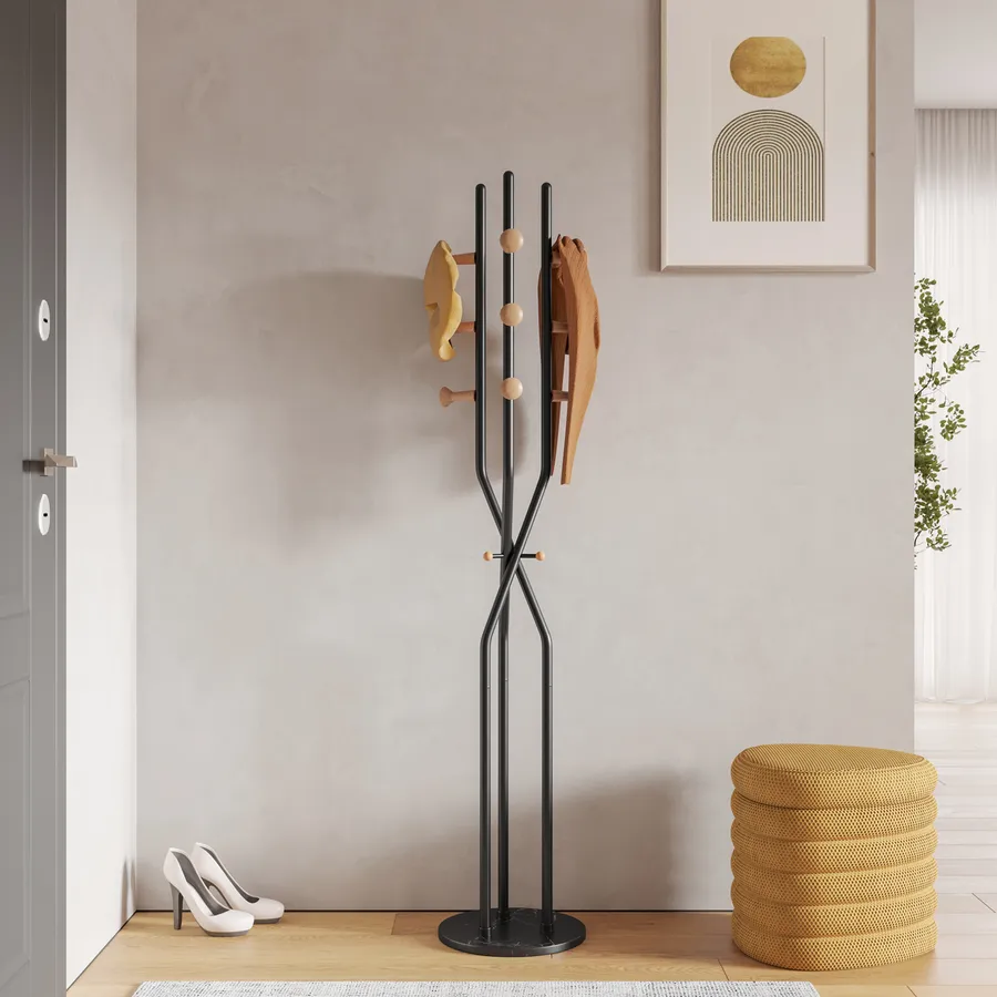 Appendiabiti A Forma Di Albero In Metallo Con Base In Marmo – 16 Ganci, Nero, Altezza 170cm
