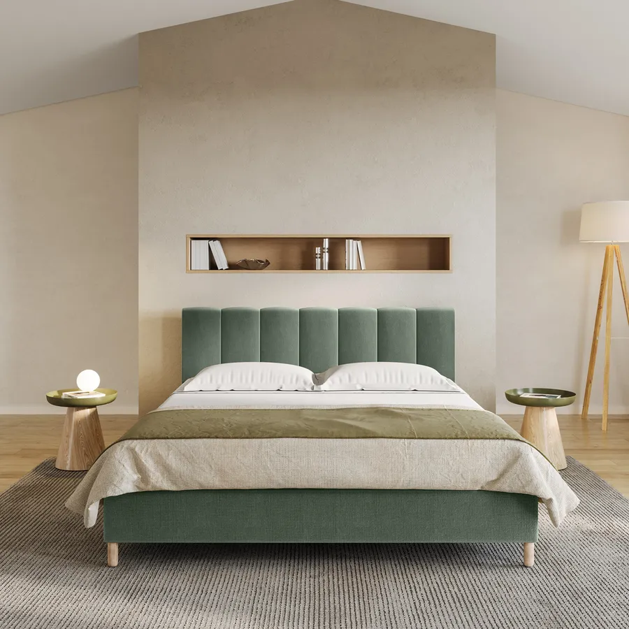 Completo letto matrimoniale verde salvia e beige in cotone